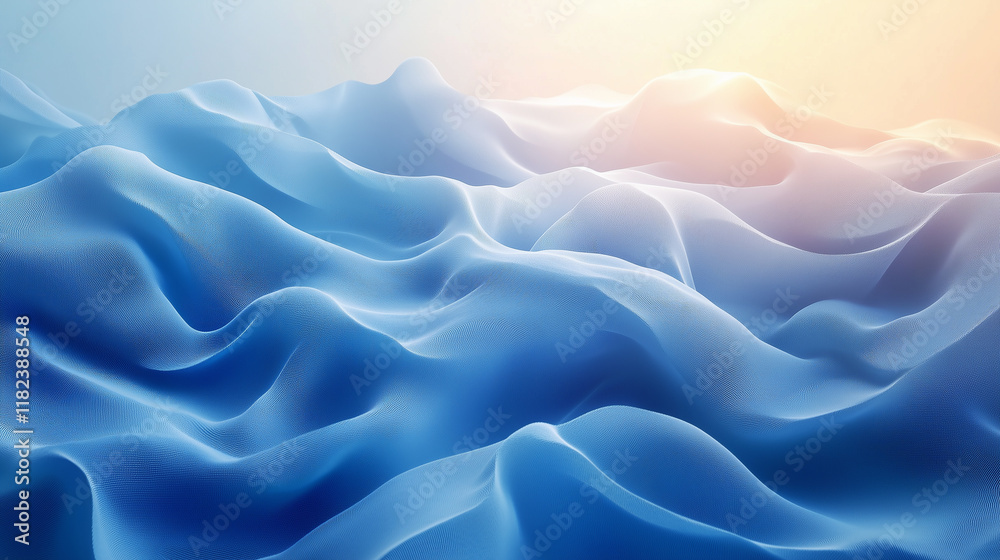 Obraz premium Flowing fabric waves, abstract sound visualization, blue background banner with copy space