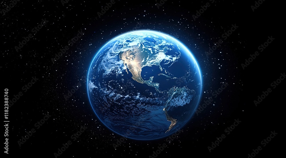 Naklejka premium A blue Earth with glowing starlight in the space background