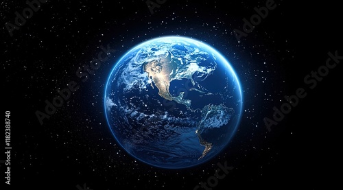 Fototapeta Naklejka Na Ścianę i Meble -  A blue Earth with glowing starlight in the space background