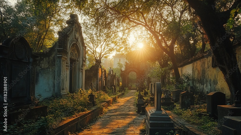 Obraz premium Sunlit path through ancient cemetery
