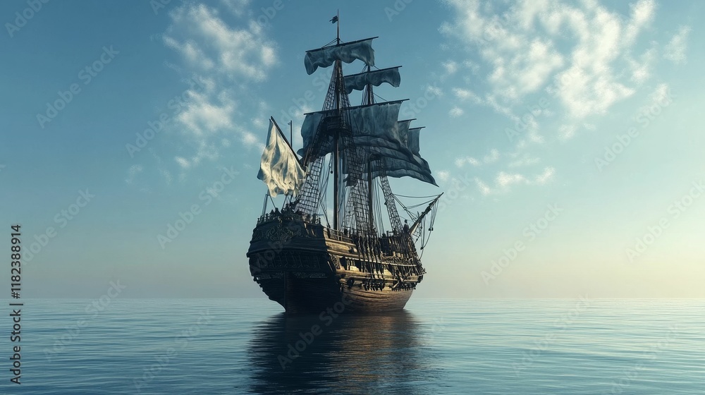 Antique sailing ship, calm sea, serene sky. Antique sailing ship, calm sea, serene sky.