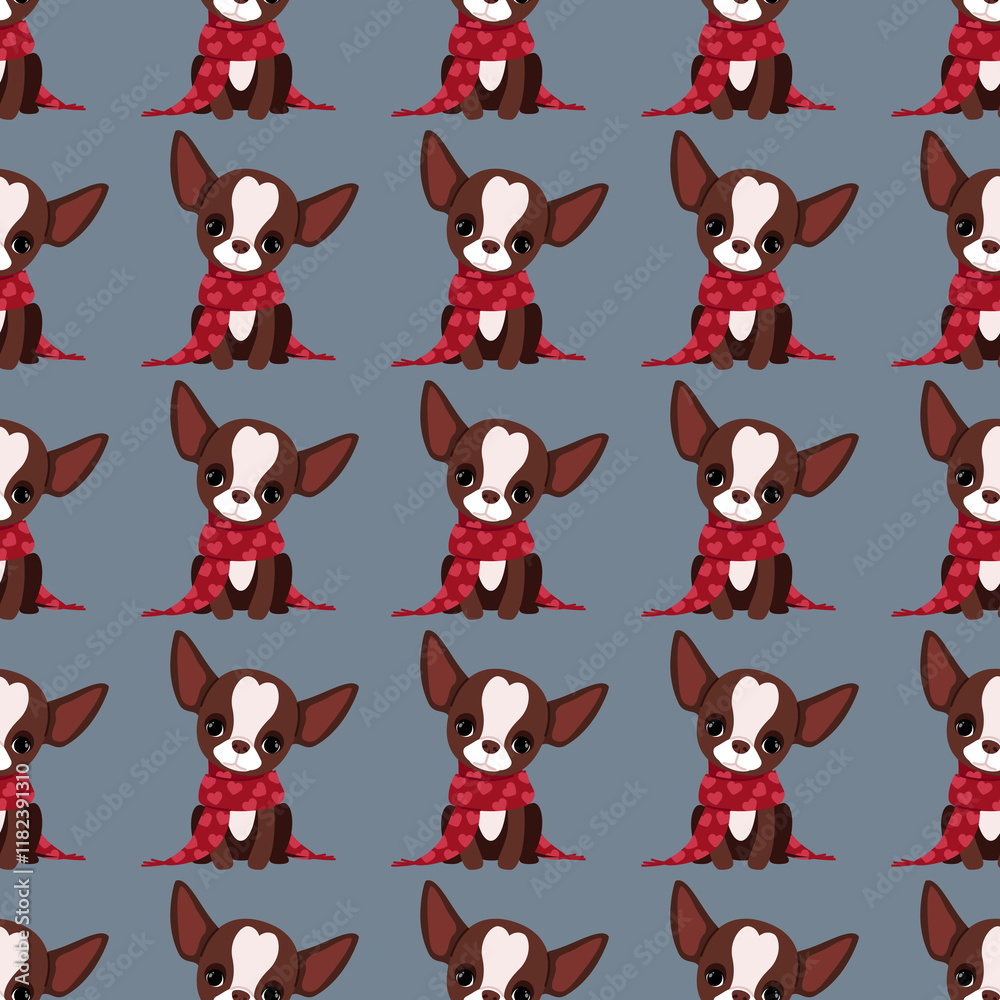 Obraz premium Cute chihuahua dogs with hearts in seamless pattern for Valentine's Day on dark background