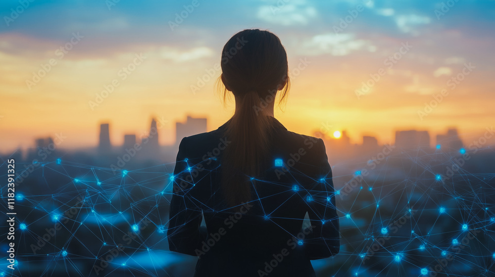 Fototapeta premium Abstract business woman stands on the peak of success amid tall, innovative Smart city and graphs with statistics to analyze business potential and predict future developments in company growth.
