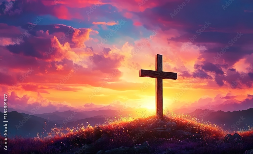 The cross on the hill with a sunset sky background, a Jesus Christ wallpaper for mobile phones and computer screen backdrop design. The cross on the hill with a sunset sky background, a Jesus Christ wallpaper for mobile phones and computer screen backdrop design.