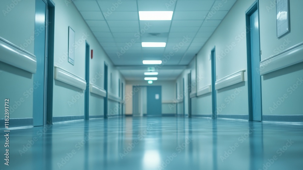 Empty Hospital Corridor With Bright Lights And Clinical Interior Background In Modern Clinic