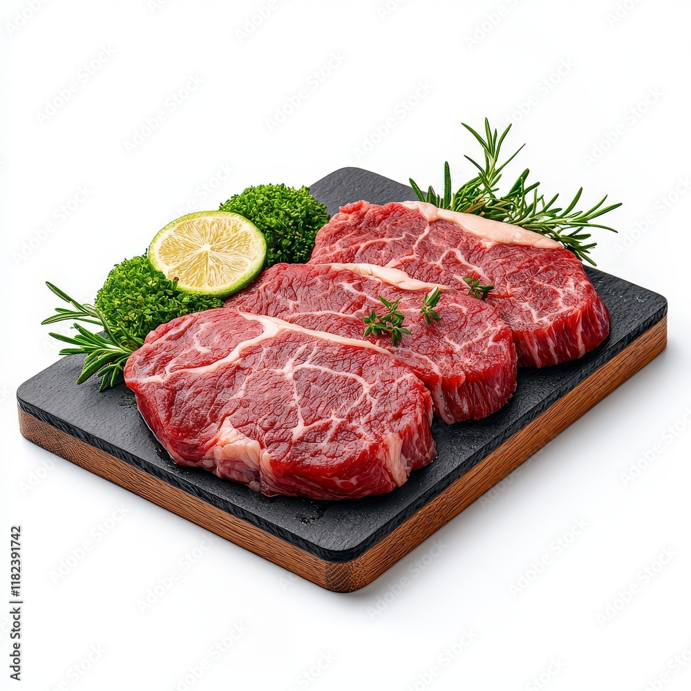 Fresh raw Kobe Beef Steak displayed on a wooden board with herbs and lime for cooking inspiration. Fresh raw Kobe Beef Steak displayed on a wooden board with herbs and lime for cooking inspiration.