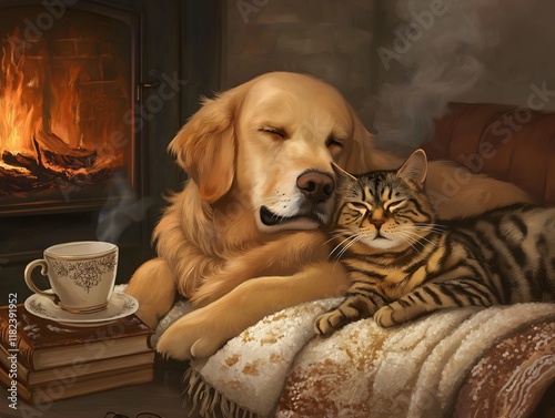 Wallpaper Mural Cat and Retriever Cuddling in Warmth. Torontodigital.ca