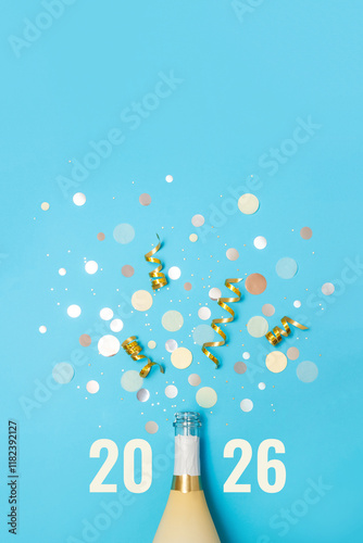 Open bottle of champagne on blue background decorated with round yellow and golden confetti and numbers 2026. New Year celebration or party. Selective focus, copy space