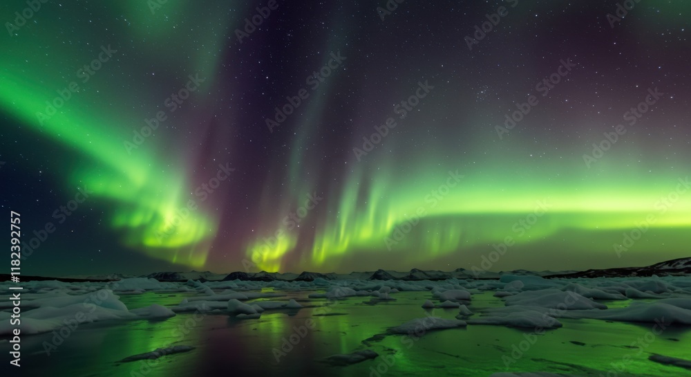 custom made wallpaper toronto digitalAurora borealis, northern lights, arctic landscape, frozen lake, ice, starry night sky, green and purple lights, reflection on water, dramatic natural phenomenon, ethereal glow, wilderness, panoramic