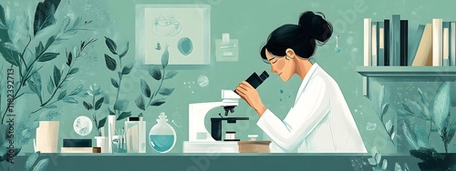 Flat illustration of a woman in a white lab coat using a microscope, with a laboratory background featuring shelves full of glassware and books