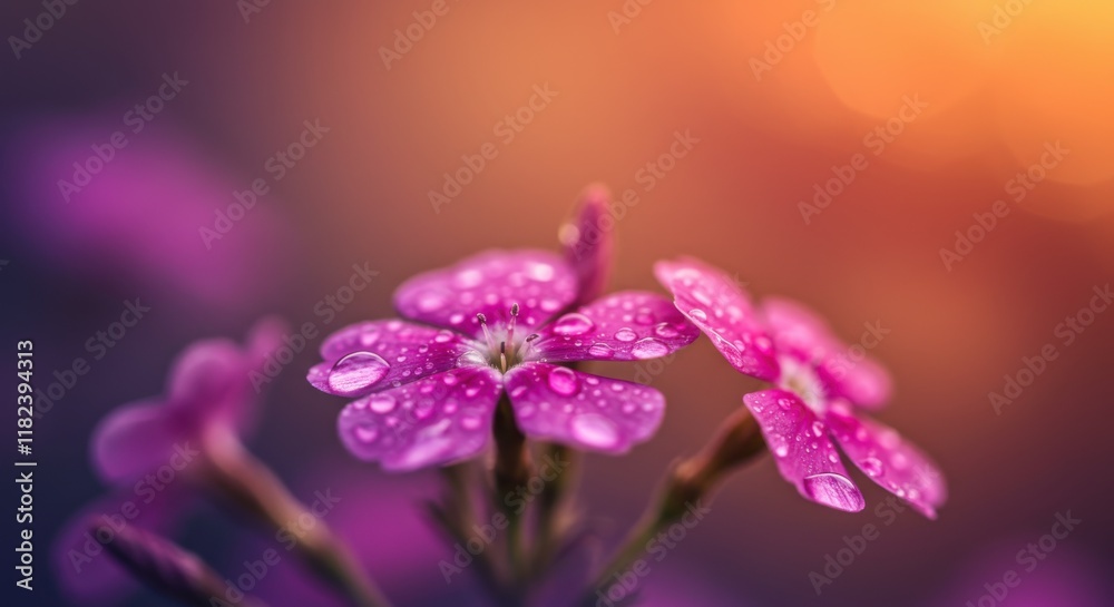 Obraz premium Macro photo of tiny purple flowers, dew drops on petals, soft bokeh background, warm golden light, dreamy atmosphere, vibrant colors, shallow depth of field, nature photography, ethereal glow, delicat