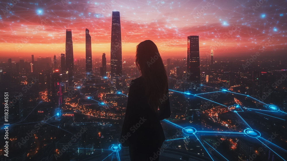 Fototapeta premium Abstract business woman stands on the peak of success amid tall, innovative Smart city and graphs with statistics to analyze business potential and predict future developments in company growth.