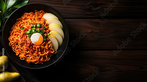 f0b Korean bibim naengmyeon cold noodles with spicy sauce and sliced pear photo