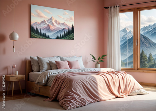 Bett mit rosa Decke im Schlafzimmer photo