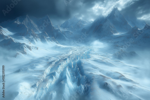 Photo réaliste d’un glacier massif avec fissures bleutées et montagnes enneigées photo