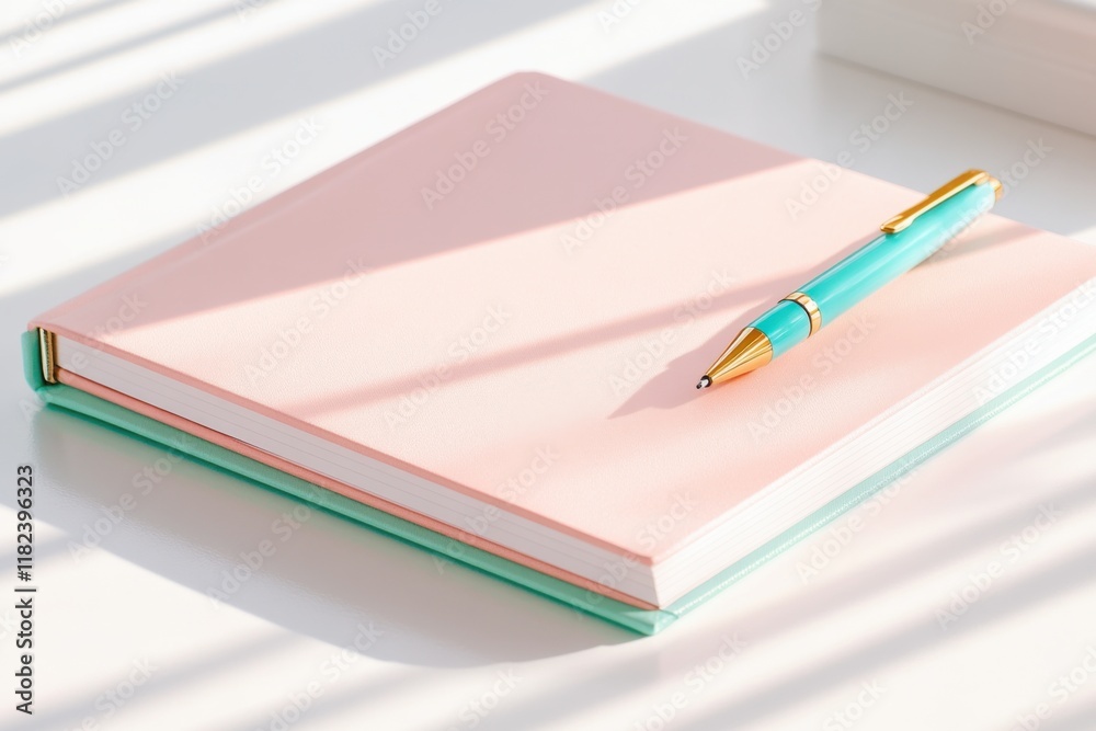 Open notebook with pastel pink pages and mint accents placed on a white desk with a teal pen ready for writing notes and ideas Open notebook with pastel pink pages and mint accents placed on a white desk with a teal pen ready for writing notes and ideas