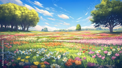 Gorgeous hand-drawn illustration depicting scenic mountains and farmlands, enriched with intricate details and an anime-inspired touch.