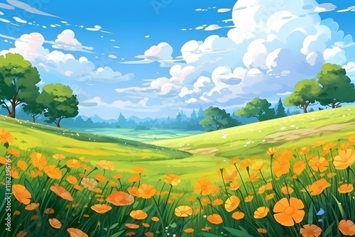 Gorgeous hand-drawn illustration depicting scenic mountains and farmlands, enriched with intricate details and an anime-inspired touch.