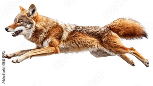A dynamic image of a coyote leaping in motion against a white background.