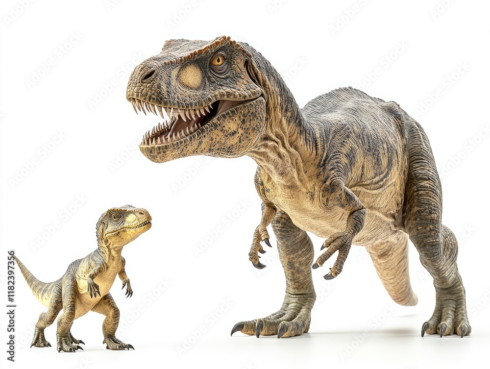 Obraz premium A realistic depiction of a large dinosaur and a smaller dinosaur, showcasing their size difference.