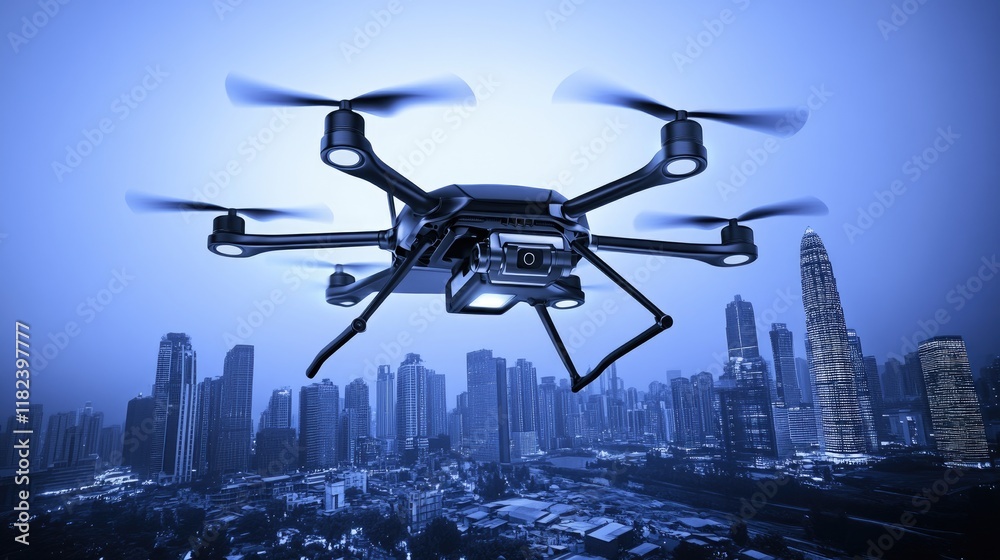 A drone flying over a city skyline at dusk, showcasing technology in urban landscapes. A drone flying over a city skyline at dusk, showcasing technology in urban landscapes.