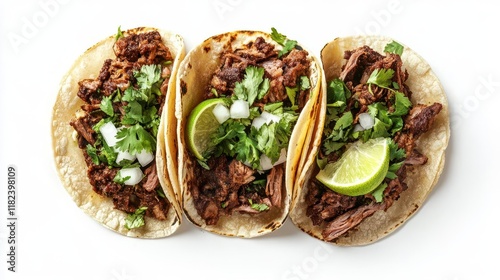 authentic mexican barbacoa tacos with fresh garnishes overhead view of traditional street food isolated on clean white background with soft shadows