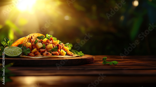 f0b Mexican tacos al pastor with pineapple, cilantro, and lime on a rustic platter photo