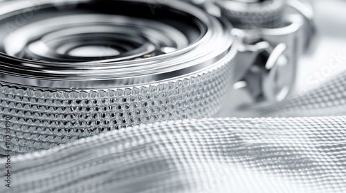 Close-up of a shiny metallic object with intricate textured detailing resembling a camera lens. Ideal for showcasing precision engineering or high-tech products.
