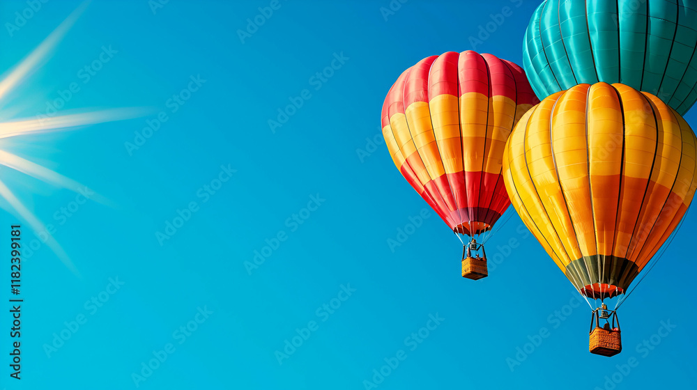 Fototapeta premium Colorful hot air balloons soar against a clear blue sky, illuminated by bright sunlight, creating a vibrant and uplifting scene.