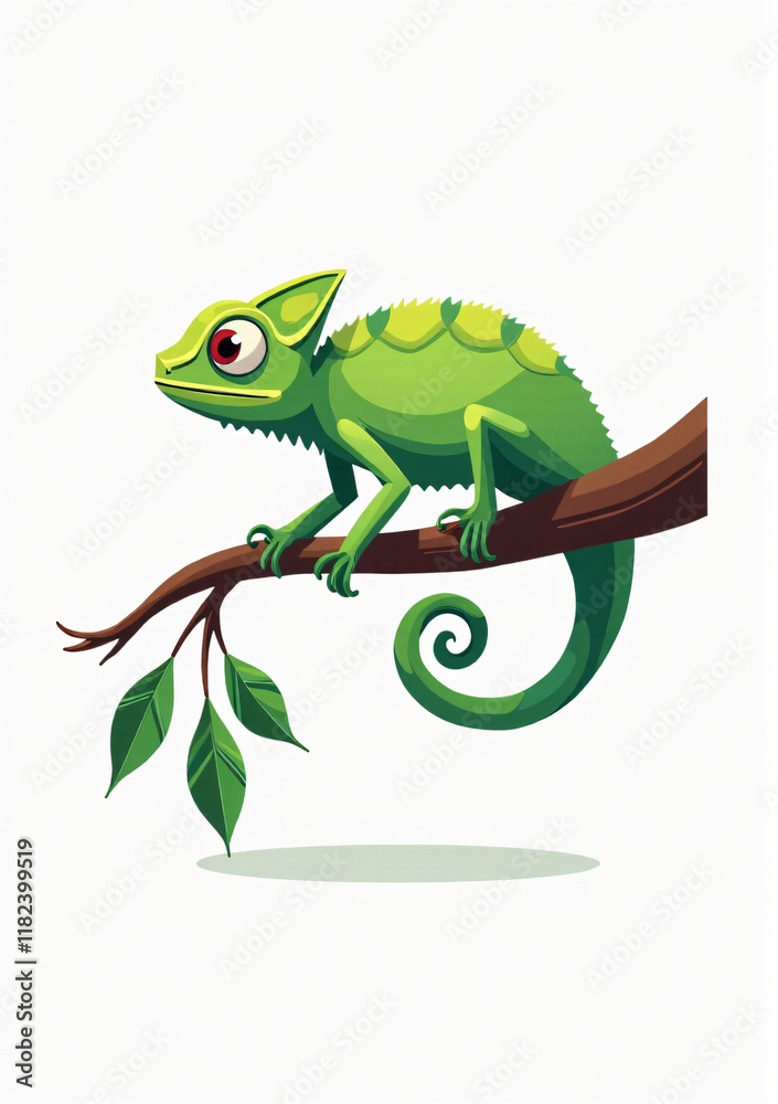 Fototapeta premium Adorable Chameleon with Long Tail, Cartoon Reptile on White Background