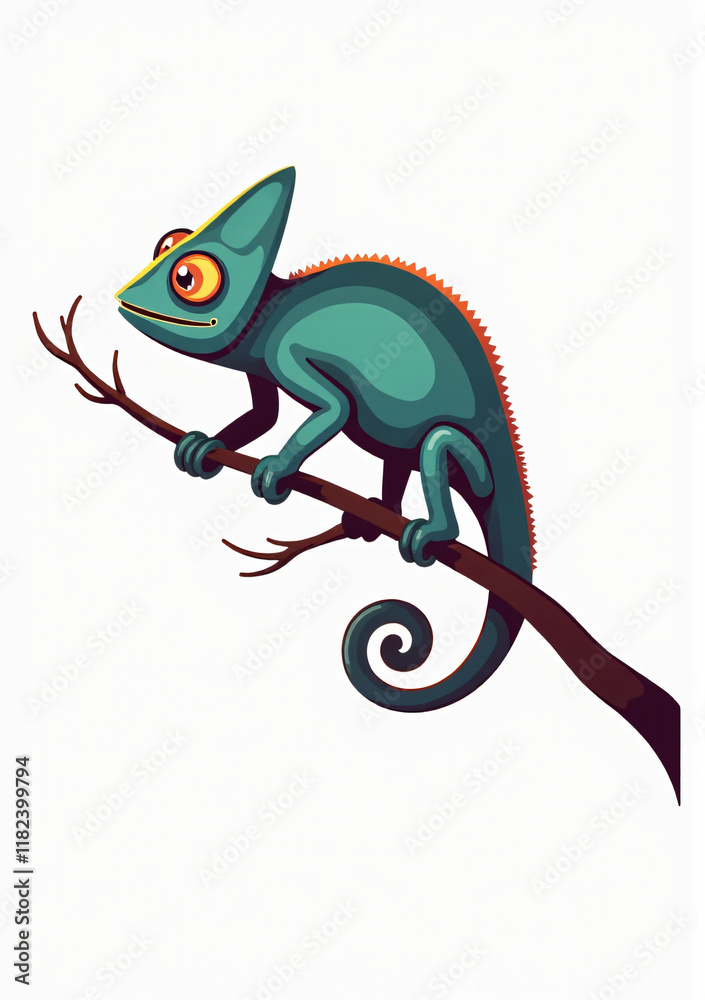 Fototapeta premium Colorful Cartoon Chameleon on White Background, 2D Vector Animal Illustration
