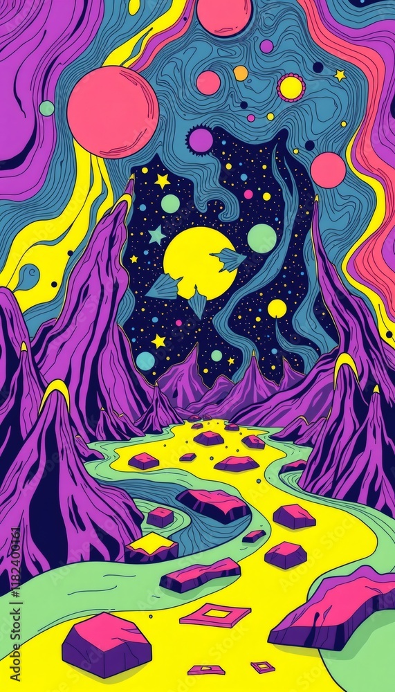 Abstract illustration of a landscape with mountains, stars, planets and a river. Abstract illustration of a landscape with mountains, stars, planets and a river.