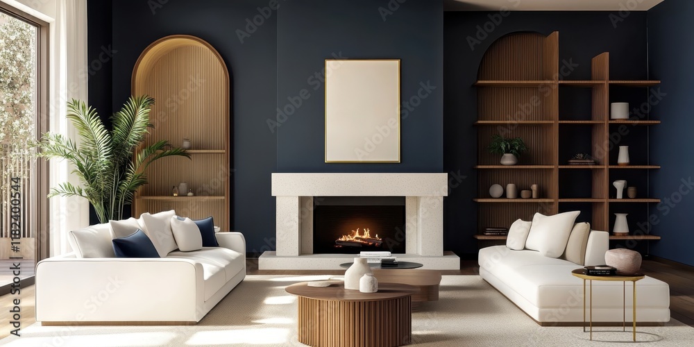 Obraz premium Luxurious living room interior, modern fireplace, white walls, dark wood built-in shelving, beige sofa, round coffee table, potted plants, minimalist decor, contrast of light and dark, elegant design,