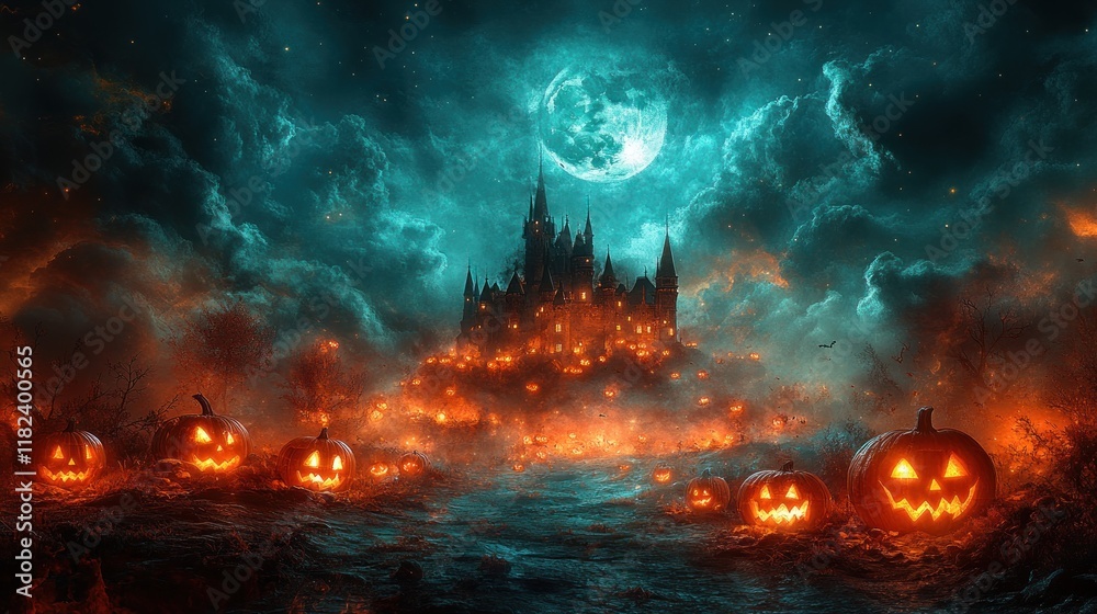 A spooky Halloween scene featuring a castle, glowing pumpkins, and a dramatic moonlit sky. A spooky Halloween scene featuring a castle, glowing pumpkins, and a dramatic moonlit sky.