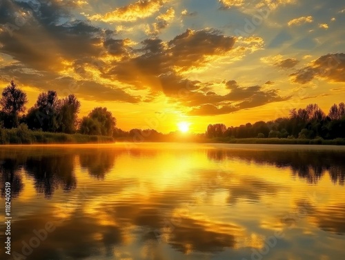 atmospheric landscape of golden sunset reflecting on tranquil river surface with silhouetted trees and dramatic cloud formation in evening sky