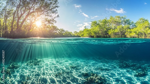 Sunlit Underwater Scene Mangrove Forest Tropical Paradise