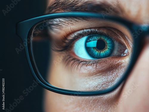 A close-up of a person's eye wearing glasses, showcasing vibrant blue irises and detailed textures, emphasizing clarity and focus.