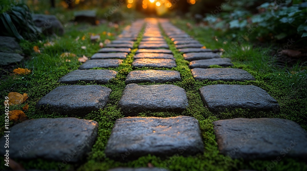 Stone Path Lighted By Sunset Golden Hour Glow