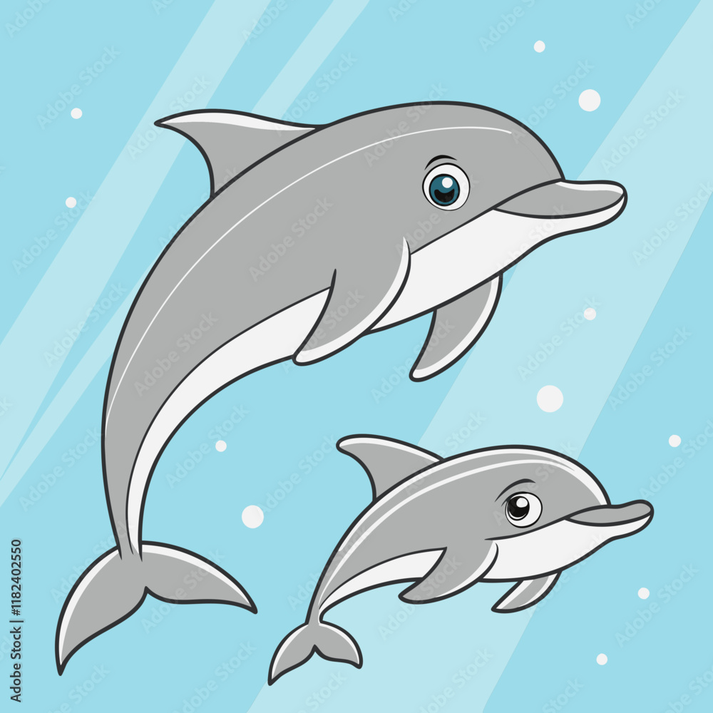 Obraz premium Realistic baby dolphin swimming beside its mother in a serene ocean scene, perfect for marine-themed projects.