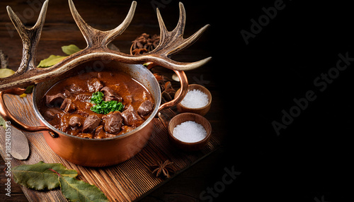 copper pot containing venison goulash stew with seasoning bowls on a wooden surface surrounded by deer antlers and leaves