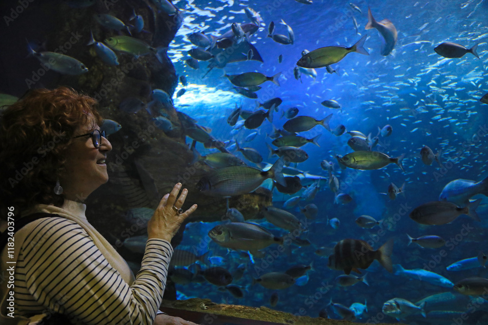 Obraz premium mujer mirando peces en el tunel del aquarium de donostia san sebastian 4M0A4898-as25