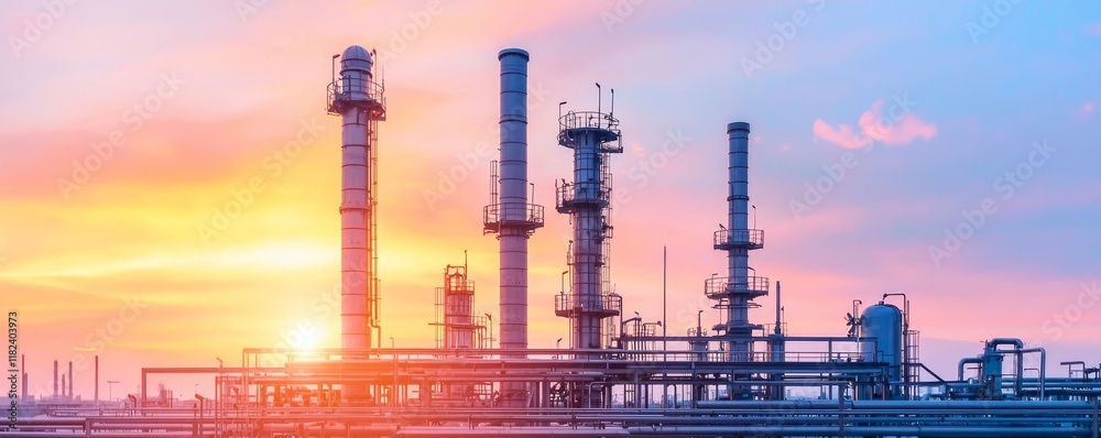 Obraz premium A vibrant sunset casts colors over industrial smokestacks, highlighting the interplay of nature and industry in a refinery setting.