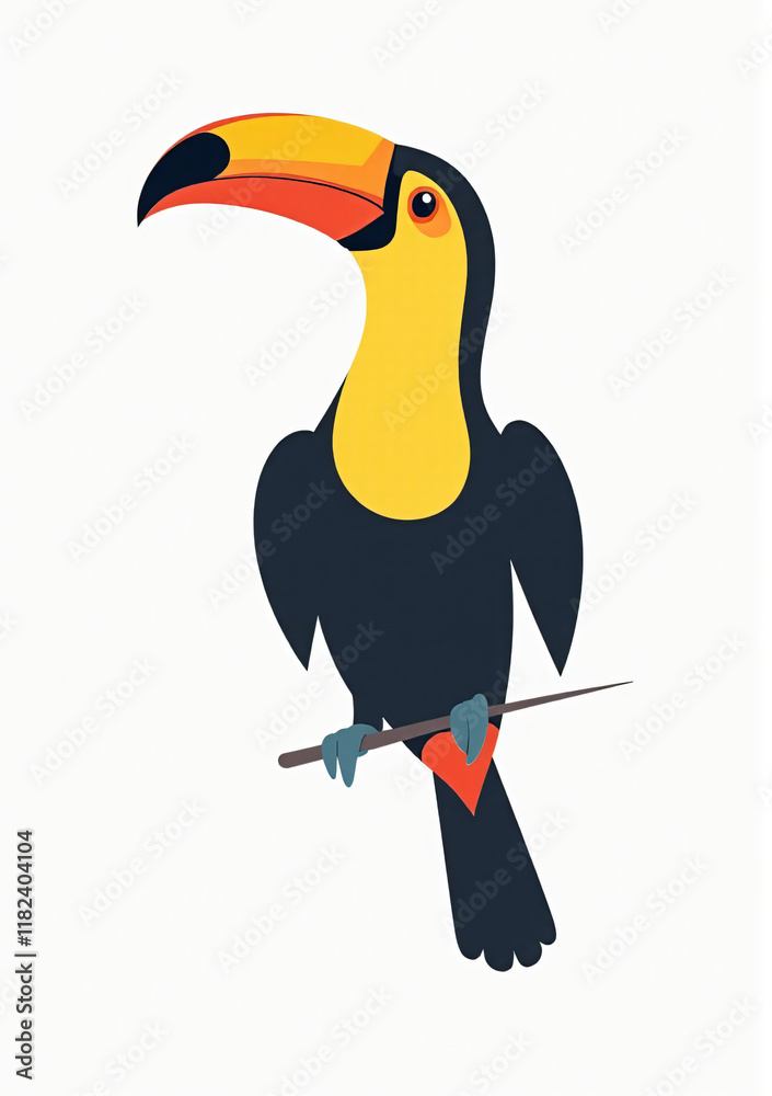 Fototapeta premium Tropical Toucan with Colorful Beak, Stylized 2D Vector Art on White Background 