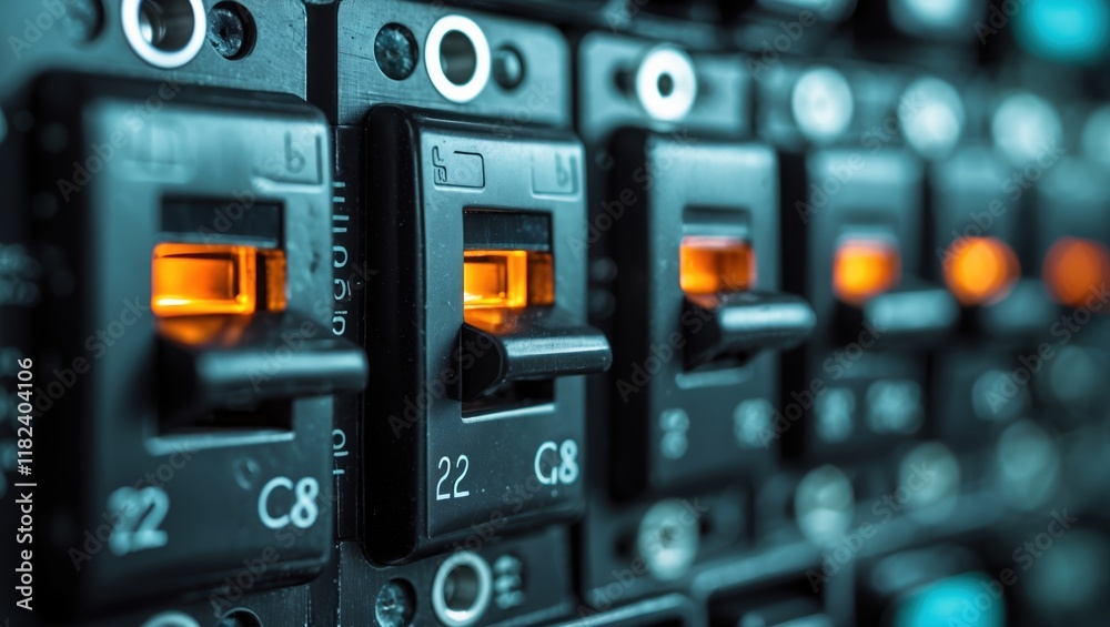 Fototapeta premium Illuminated Circuit Breaker Panel: Control & Connectivity
