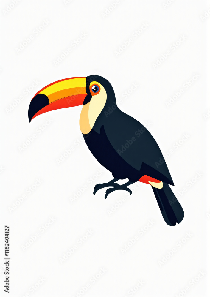 Naklejka premium Tropical Toucan with Colorful Beak, Stylized 2D Vector Art on White Background 