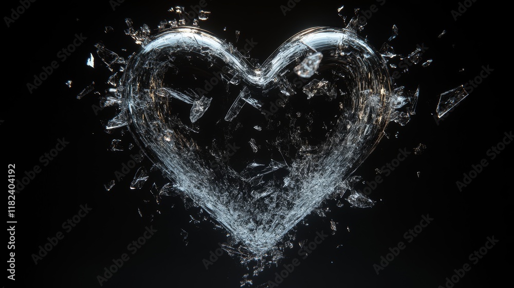 Shattering glass heart bursting into tiny fragments, glowing with reflected light against a dark backdrop Shattering glass heart bursting into tiny fragments, glowing with reflected light against a dark backdrop