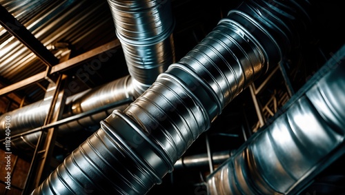 Interconnected Industrial Ventilation Ducts in a Warehouse Environment