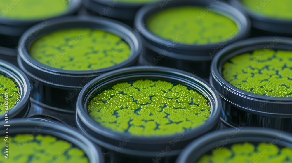 Naklejka premium A close-up of small, round containers filled with vibrant green substance, showcasing a textured surface, possibly algae or a similar organic material.