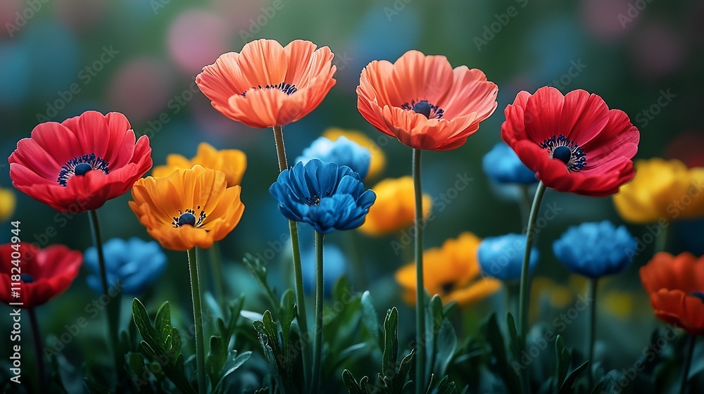 Fototapeta premium Vibrant Colorful Anemone Flowers Blooming in Garden