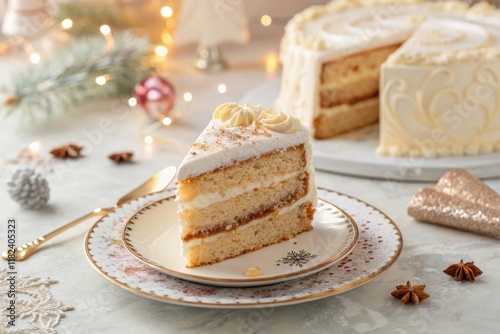 Slice of elegant white layer cake with festive decorations, surrounded by holiday ornaments